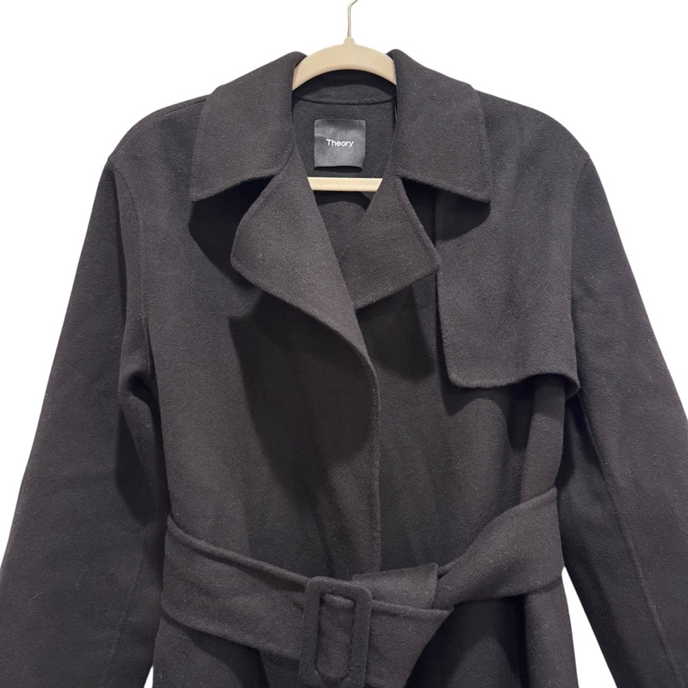 NWT Theory Long Wrap Belted Trench Coat Wool Cashmere Black Sz M - Picture 6 of 16
